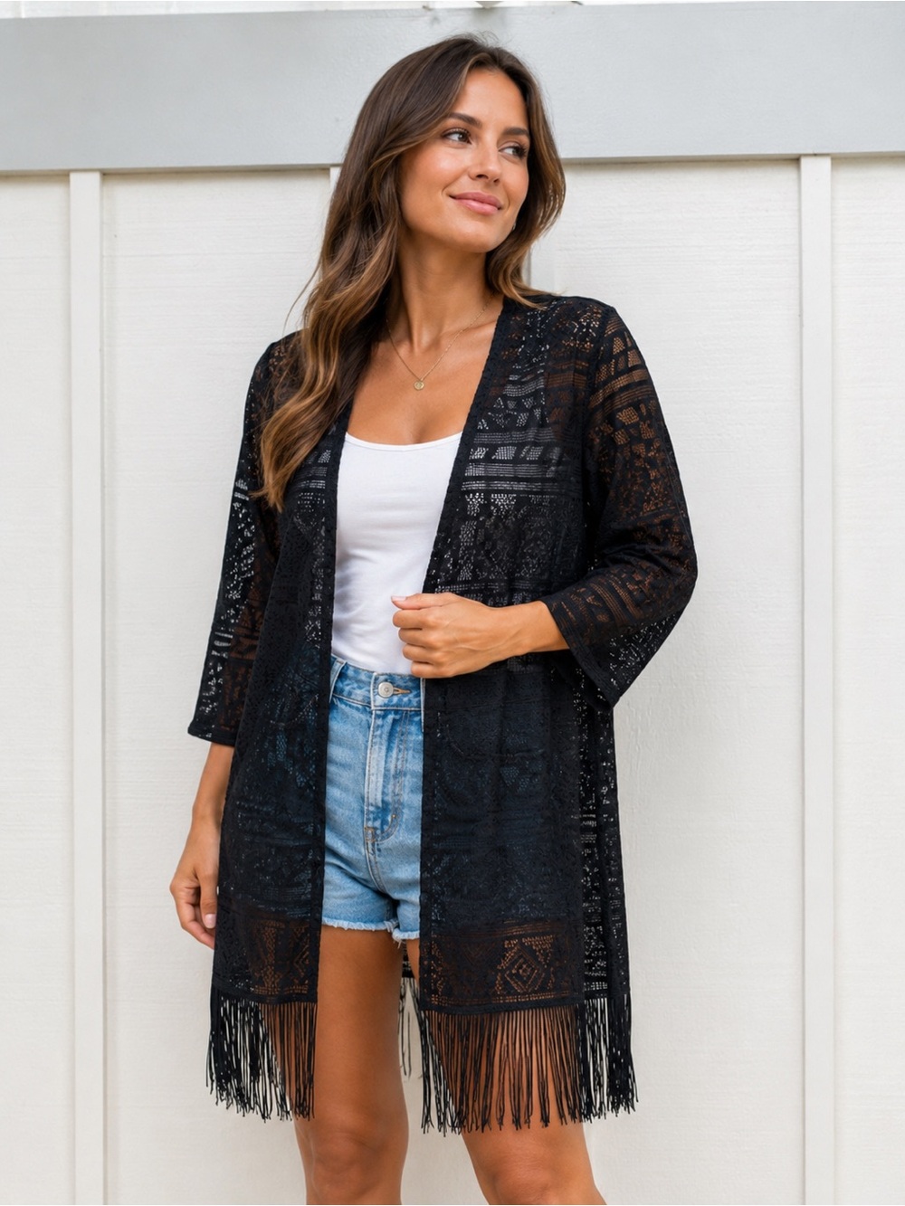 Dotti Black Crochet Fringe Swim Coverup